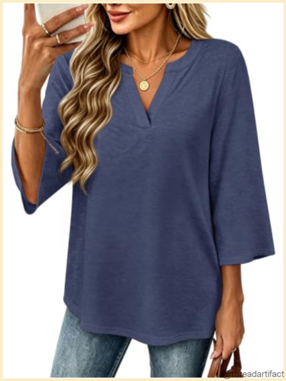 Women's 3/4 Sleeve V Neck Tunic Blouse Dressy Casual Fit